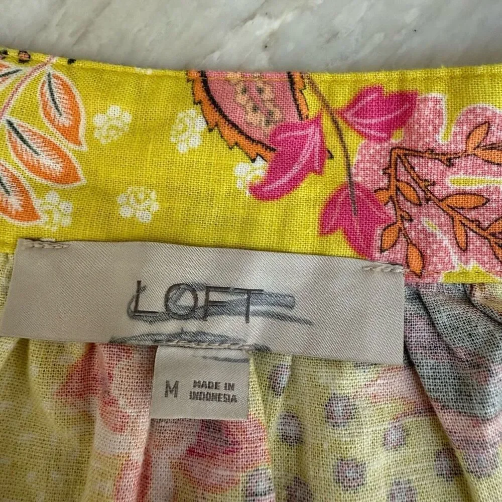 LOFT linen blend Yellow Floral Peasant Colorful Abstract blouse puff sleeves M